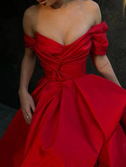 A-Line Evening Gown Party Dress Red Green Dress Masquerade Prom Sweep / Brush Train Sleeveless Off Shoulder Satin with Slit