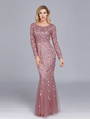 Mermaid / Trumpet Empire Elegant Party Wear Formal Evening Valentine's Day Dress Jewel Neck Long Sleeve Floor Length Tulle with Embroidery 2024 / Illusion Sleeve