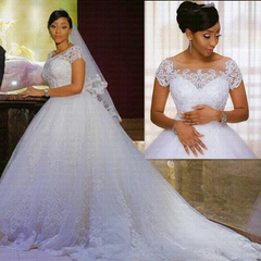 A Line Scoop Short Sleeves Lace African Wedding Dresses Sequins