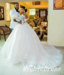 African Wedding Dresses Lace Half Sleeves Applique Ball Gown Bridal Gowns