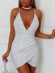 Women's Sequin Dress Party Dress Sparkly Dress Homecoming Dress Mini Dress White Sleeveless Spring Fall V Neck