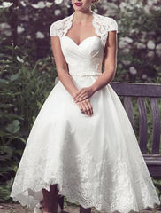 Aimishang Reception Vintage 1940s / 1950s Wedding Dresses A-Line Sweetheart Cap Sleeve Tea Length Lace Bridal Gowns With Appliques
