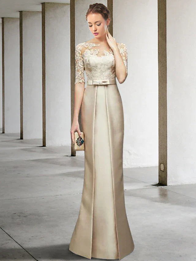 Mermaid / Trumpet Mother of the Bride Dress Elegant Jewel Neck Knee Length Satin Lace Half Sleeve with Bow(s) Appliques