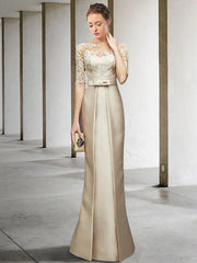 Mermaid / Trumpet Mother of the Bride Dress Elegant Jewel Neck Knee Length Satin Lace Half Sleeve with Bow(s) Appliques