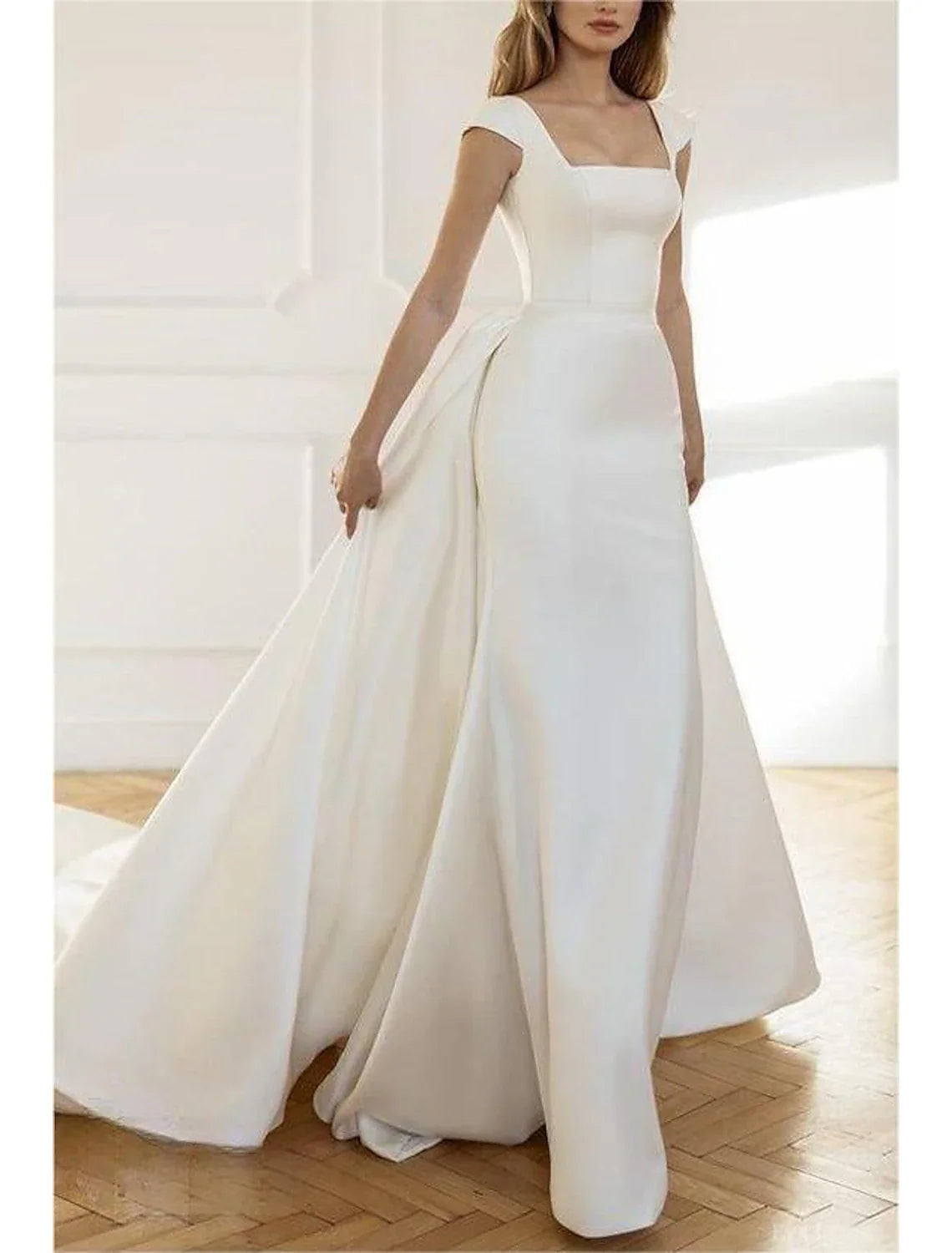 Wholesale Beach Casual Formal Wedding Dresses Mermaid / Trumpet Square Neck Regular Straps Sweep / Brush Train Taffeta OverSkirts Bridal Gowns With Solid Color