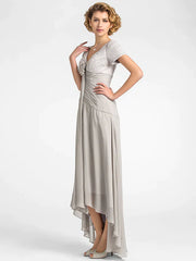 A-Line Mother of the Bride Dress Floral High Low V Neck Asymmetrical Chiffon Lace Short Sleeve with Pleats Flower