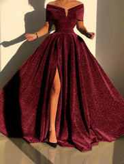 A-Line Evening Gown Sparkle & Shine Dress Formal Fall Court Train Sleeveless Off Shoulder Sequined with Sequin Slit