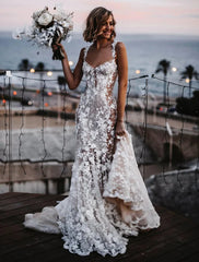 Beach Sexy Boho Wedding Dresses Court Train Mermaid / Trumpet Regular Straps Sweetheart Lace With Appliques