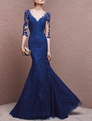 Mermaid / Trumpet Evening Gown Elegant Dress Formal Wedding Guest Floor Length Half Sleeve V Neck Tulle with Buttons Appliques