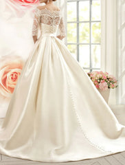 Engagement Formal Wedding Dresses Ball Gown Off Shoulder Half Sleeve Court Train Satin Bridal Gowns With Bow(s) Pleats