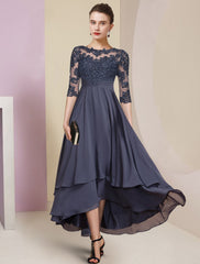 Aimishang Sheath / Column Mother of the Bride Dress Wedding Guest Party Elegant High Low Jewel Neck Asymmetrical Chiffon Lace Half Sleeve with Pleats Solid Color
