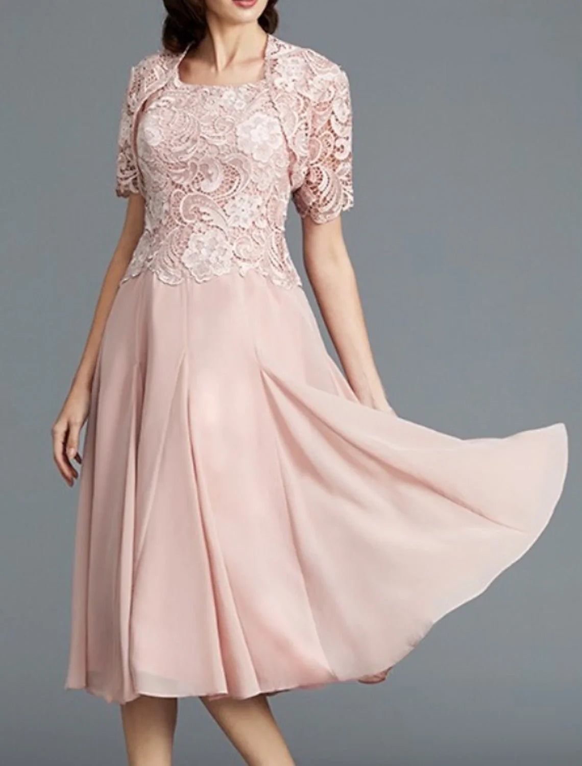 Aimishang Two Piece A-Line Mother of the Bride Dress Elegant Jewel Neck Knee Length Chiffon Lace Short Sleeve with Pleats Embroidery