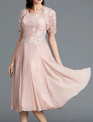 Aimishang Two Piece A-Line Mother of the Bride Dress Elegant Jewel Neck Knee Length Chiffon Lace Short Sleeve with Pleats Embroidery