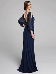 Sheath / Column Mother of the Bride Dress Sparkle & Shine Boat Neck Floor Length Chiffon Jersey Long Sleeve No with Beading Ruching