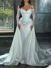 Wholesale Engagement Formal Fall Wedding Dresses Sheath / Column Off Shoulder Long Sleeve Chapel Train Satin Bridal Gowns With Appliques Solid Color Summer Wedding Party