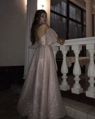 Long Sequin Prom Dresses Puffy Sleeves Leg Split