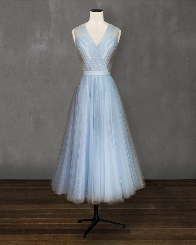 Elegant Pleated Tulle Midi Prom Party Dresses