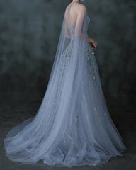 Silver Tulle Wedding Dress With Cape