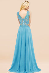 Elegant V-Neck Chiffon Aline Bridesmaid Dress Sleeveless Lace Beadings Wedding Guest Dress
