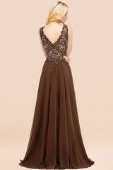 Elegant V-Neck Chiffon Aline Bridesmaid Dress Sleeveless Lace Beadings Wedding Guest Dress