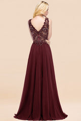 Elegant V-Neck Chiffon Aline Bridesmaid Dress Sleeveless Lace Beadings Wedding Guest Dress