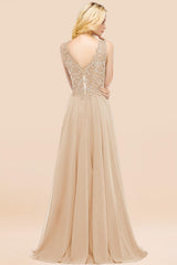 Elegant V-Neck Chiffon Aline Bridesmaid Dress Sleeveless Lace Beadings Wedding Guest Dress
