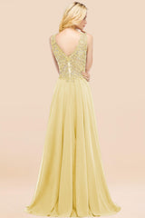 Elegant V-Neck Chiffon Aline Bridesmaid Dress Sleeveless Lace Beadings Wedding Guest Dress