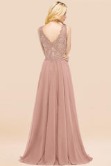Elegant V-Neck Chiffon Aline Bridesmaid Dress Sleeveless Lace Beadings Wedding Guest Dress