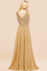 Elegant V-Neck Chiffon Aline Bridesmaid Dress Sleeveless Lace Beadings Wedding Guest Dress