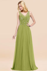 Elegant V-Neck Chiffon Aline Bridesmaid Dress Sleeveless Lace Beadings Wedding Guest Dress