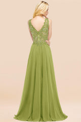 Elegant V-Neck Chiffon Aline Bridesmaid Dress Sleeveless Lace Beadings Wedding Guest Dress