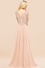 Elegant V-Neck Chiffon Aline Bridesmaid Dress Sleeveless Lace Beadings Wedding Guest Dress