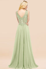 Elegant V-Neck Chiffon Aline Bridesmaid Dress Sleeveless Lace Beadings Wedding Guest Dress
