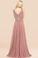 Elegant V-Neck Chiffon Aline Bridesmaid Dress Sleeveless Lace Beadings Wedding Guest Dress