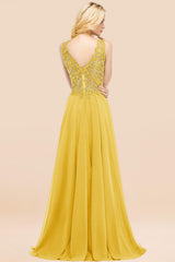 Elegant V-Neck Chiffon Aline Bridesmaid Dress Sleeveless Lace Beadings Wedding Guest Dress