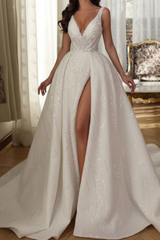 Aline Sleeveless Front Split Wedding Dress V-neck Sequins Bridal Dress