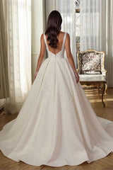 Aline Sleeveless Front Split Wedding Dress V-neck Sequins Bridal Dress