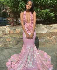 Alluring Halter Applique Glittering Sequins Prom Dresses Ruffles Open Back Chic Mermaid Sleeveless Evening Dresses