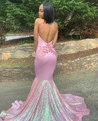 Alluring Halter Applique Glittering Sequins Prom Dresses Ruffles Open Back Chic Mermaid Sleeveless Evening Dresses