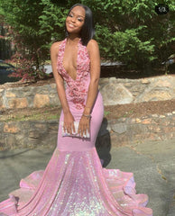 Alluring Halter Applique Glittering Sequins Prom Dresses Ruffles Open Back Chic Mermaid Sleeveless Evening Dresses