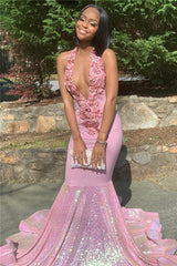 Alluring Halter Applique Glittering Sequins Prom Dresses Ruffles Open Back Chic Mermaid Sleeveless Evening Dresses