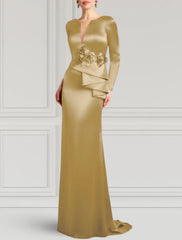Sheath / Column Evening Gown Elegant Dress Formal Wedding Guest Sweep / Brush Train Long Sleeve V Neck Satin with Appliques
