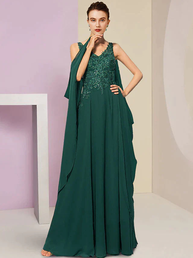 Sheath / Column Mother of the Bride Dress Wedding Guest Vintage Party V Neck Floor Length Chiffon Lace Sleeveless with Pleats Sequin