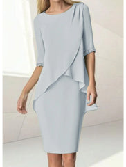 Sheath / Column Mother of the Bride Dress Wedding Guest Elegant Jewel Neck Knee Length Chiffon Half Sleeve with Beading Ruching