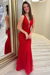 Plunge Black Embroidered Mermaid Long Prom Dress
