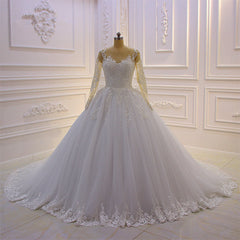 Amazing Bateau Long Sleeves Lace Wedding Dress with Pearl Appliques