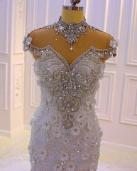 Amazing High Neck Crystal Long Mermaid Wedding Dress With Lace Appliques