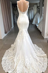 Verbazingwekkende lange zeemeermin -appliques tule backless trouwjurk