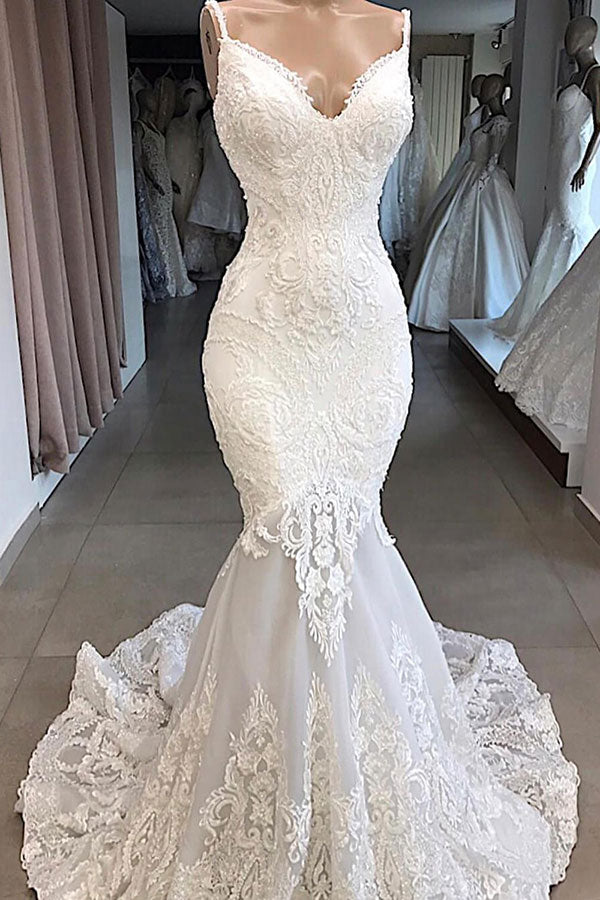 Verbazingwekkende lange zeemeermin -appliques tule backless trouwjurk