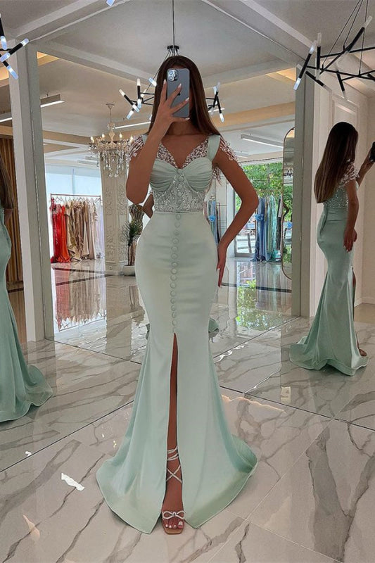 Amazing Mint Green Cap Sleeves Prom Dress Long with Beads